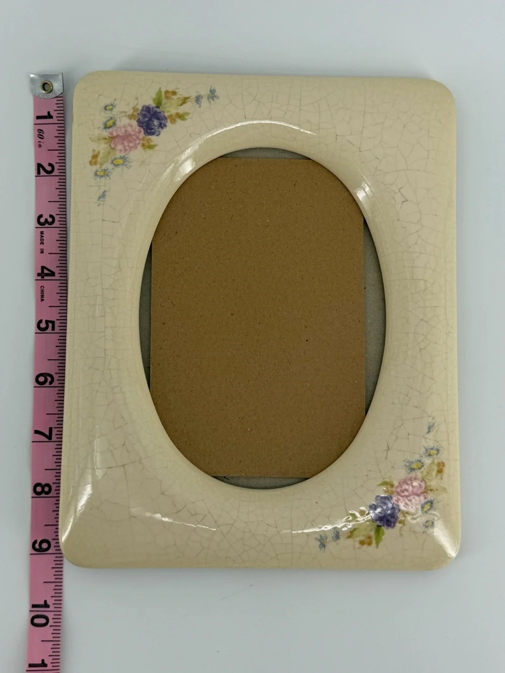 Vintage Ceramic Picture Frame Crackle Glaze Oval Opening, Floral Accents